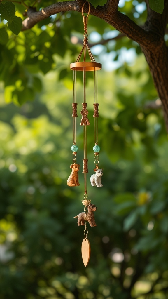 A decorative wind chime with dog figurines hanging from a tree, surrounded by greenery.