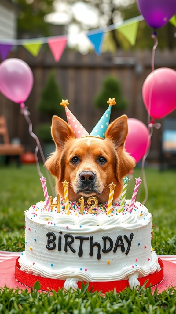 A golden retriever wearing a party hat in front of a birthday cake with candles and colorful decorations.