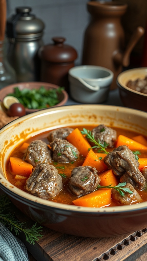 A bowl of lamb and carrot stew with two puppies peeking over the edge