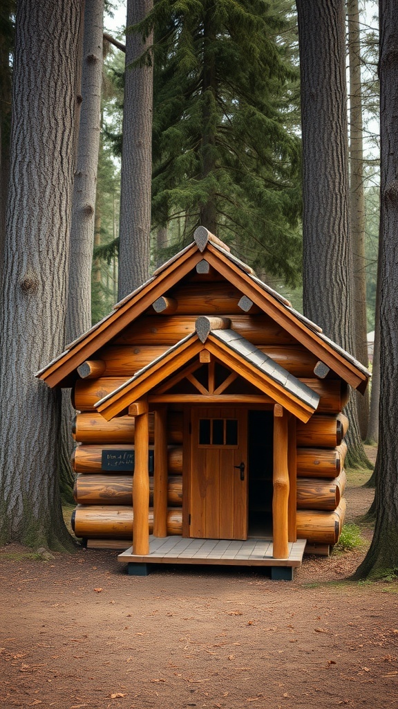 A rustic log cabin dog house surrounded by tall trees