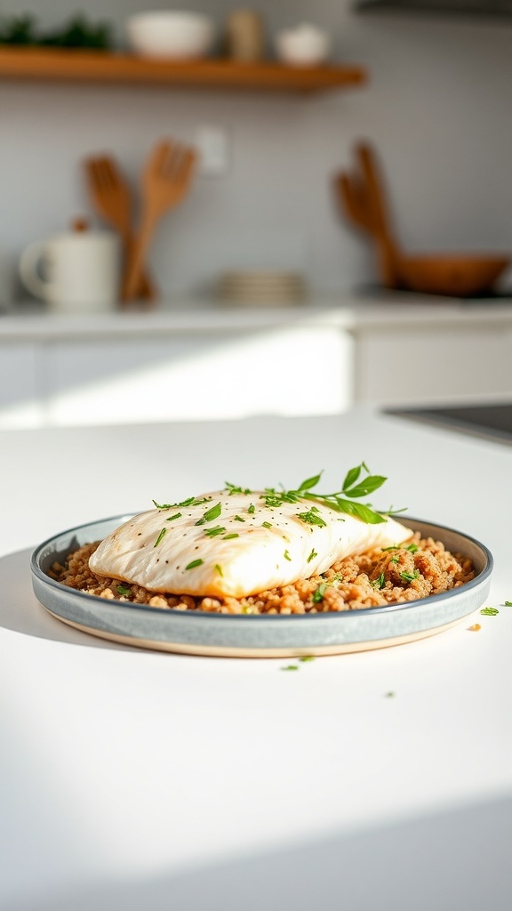 A plate of fish served on a bed of quinoa, garnished with herbs.
