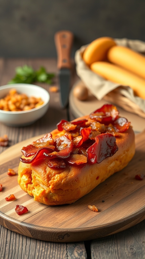 A delicious sweet potato and bacon dog treat shaped like a loaf, garnished with crispy bacon on top.