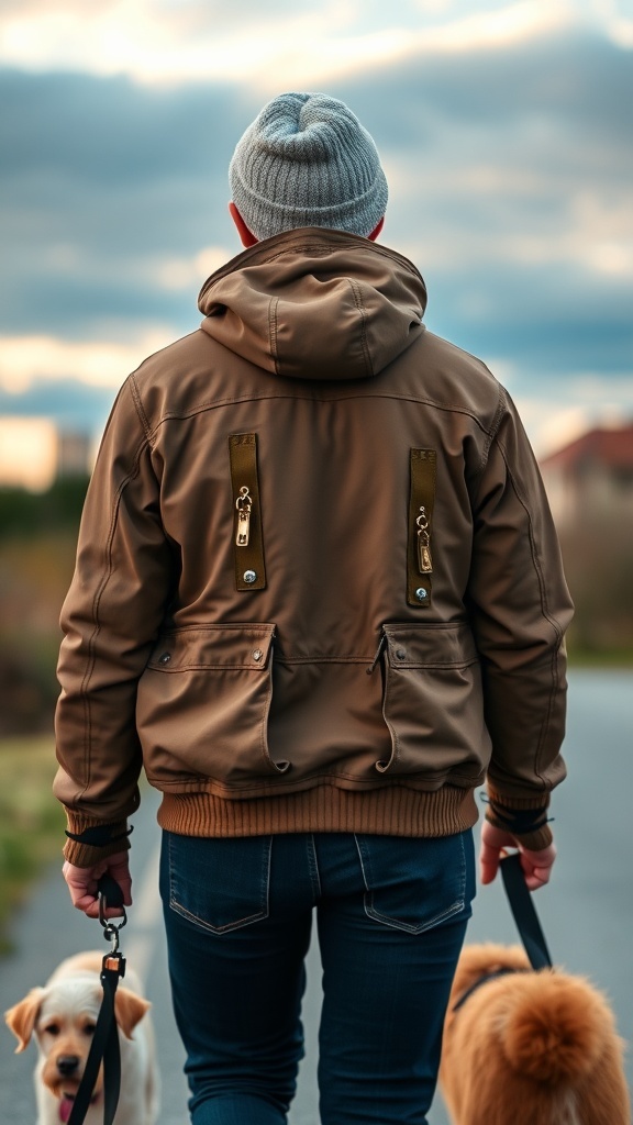 A person wearing a brown dog walking jacket, walking two dogs on leashes.