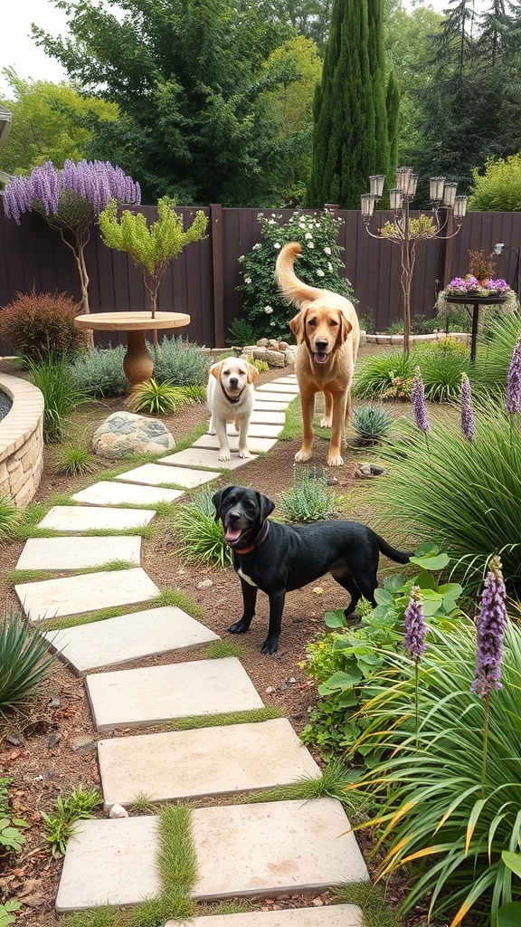 Three dogs in a landscaped backyard with stone pathways and colorful plants.