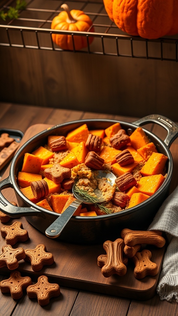 A turkey and pumpkin casserole in a black dish, surrounded by dog-shaped treats and a small pumpkin.