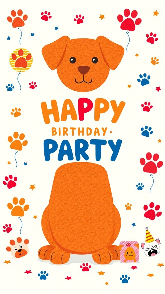Colorful dog birthday party invitation featuring a cheerful orange dog and paw prints.