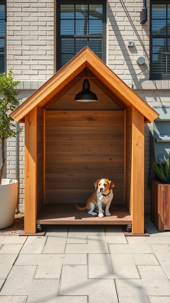 A compact wooden dog house with a sloped roof, featuring a beagle sitting inside, surrounded by a modern outdoor setting.