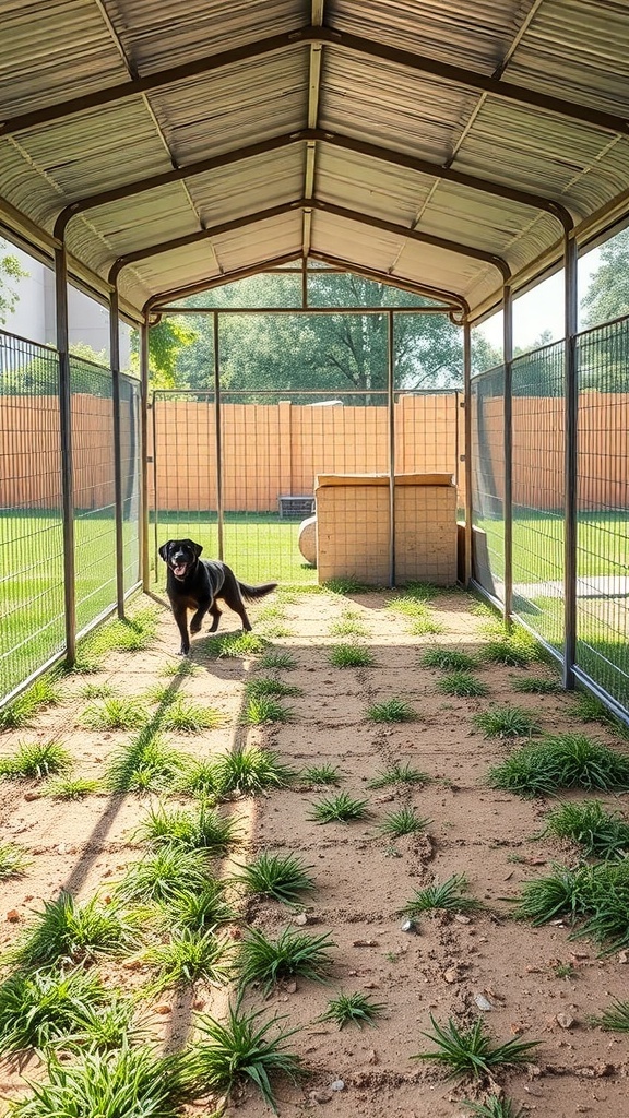 Outdoor dog run with shelter and a dog playing inside