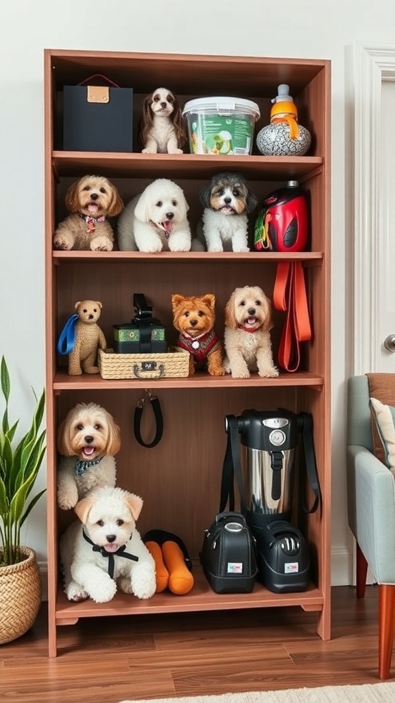 A stylish wooden shelf with various dog toys, grooming supplies, and adorable plush dogs arranged neatly.