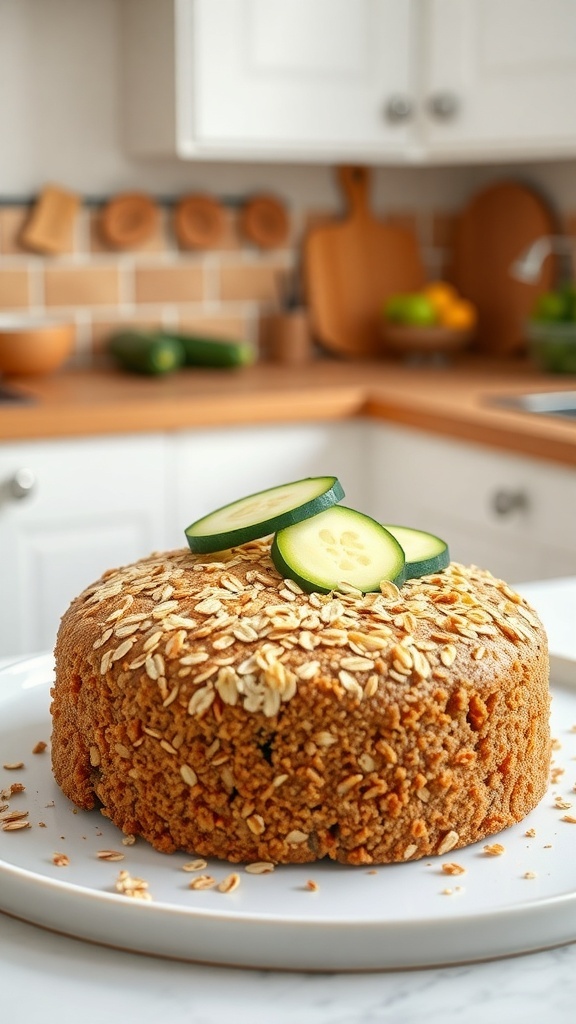 A freshly baked zucchini and oatmeal dog cake topped with cucumber slices, placed on a white plate in a cozy kitchen setting.