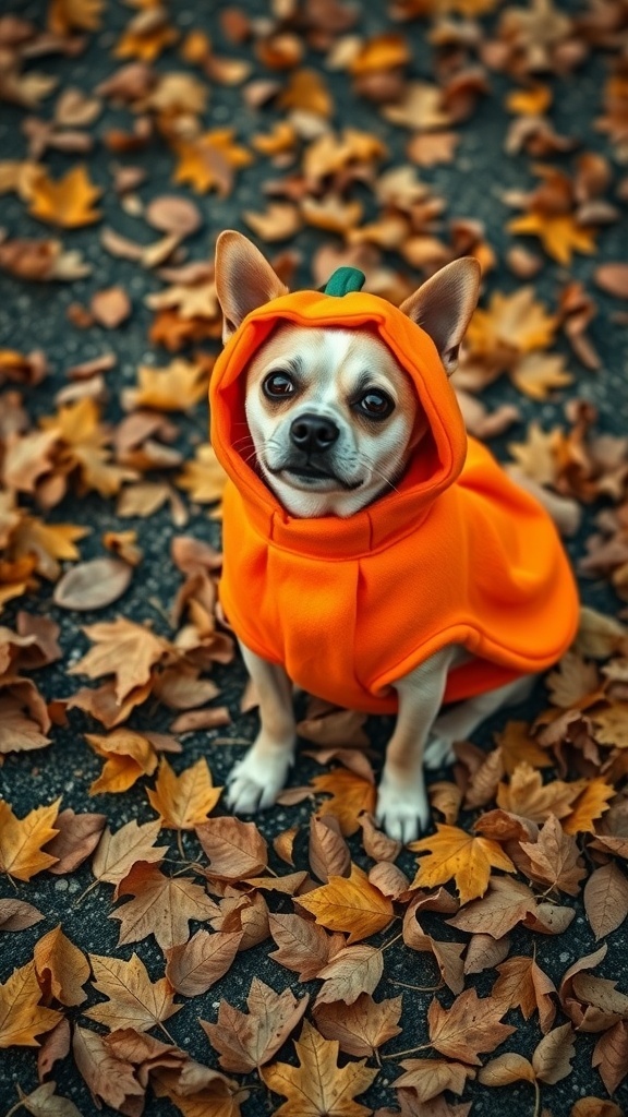 A small dog wearing a pumpkin costume sitting on a bed of autumn leaves.