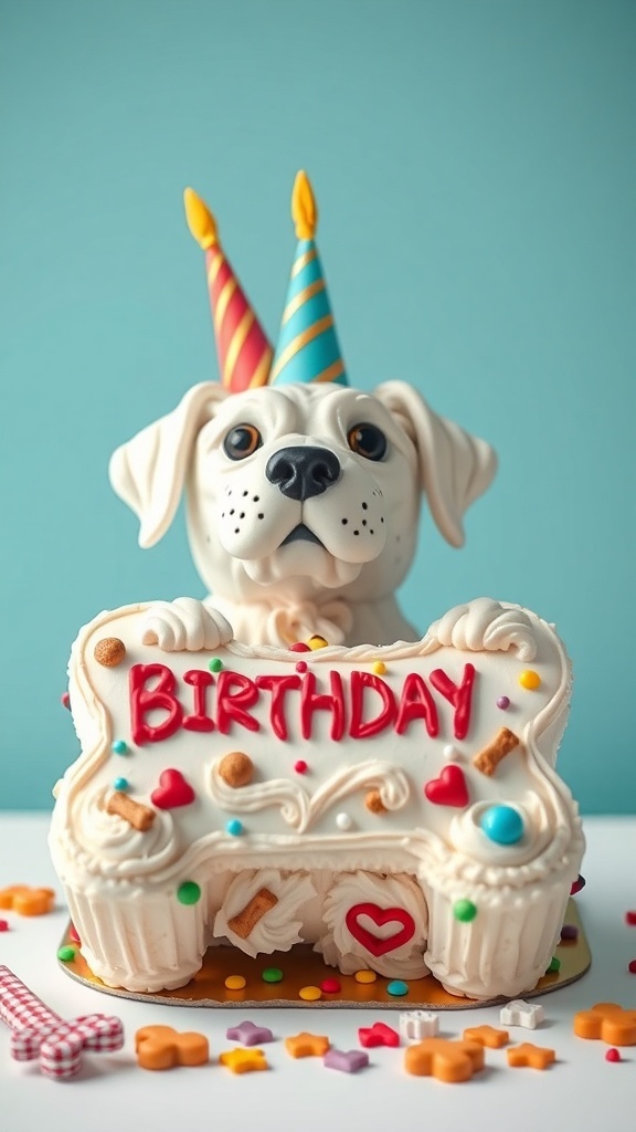 A dog birthday cake shaped like a bone with a dog face on top, decorated with colorful icing and treats.