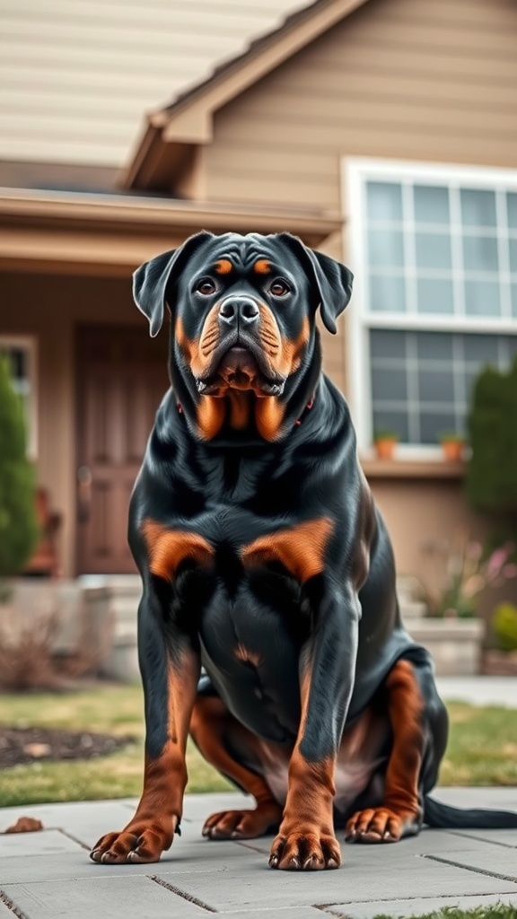 A Rottweiler sitting in front of a house, showcasing its protective demeanor.