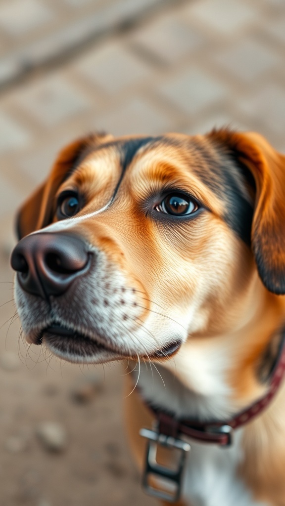 Close-up of a dog's face showing curiosity and engagement.