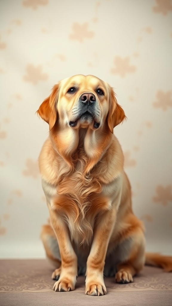 A golden retriever sitting gracefully with a soft background.