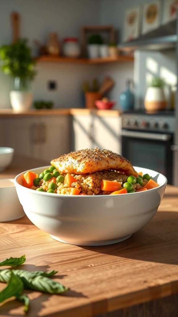 A bowl of fish and quinoa with peas and carrots on a kitchen counter