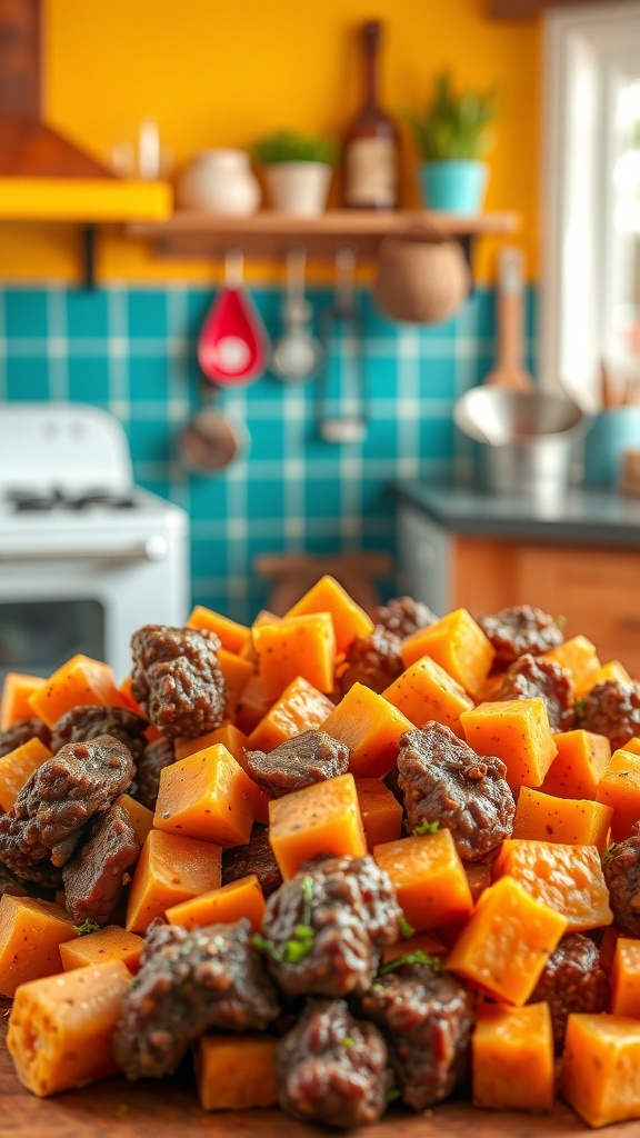 A colorful mix of diced sweet potatoes and beef in a kitchen setting
