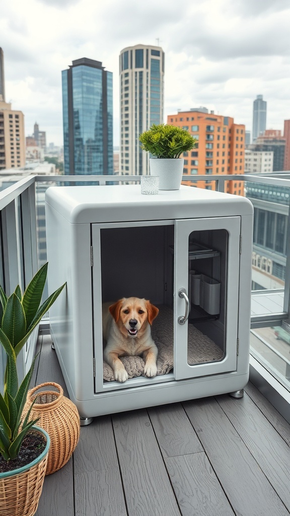 Stylish urban dog kennel on a balcony with two dogs inside and plants around.