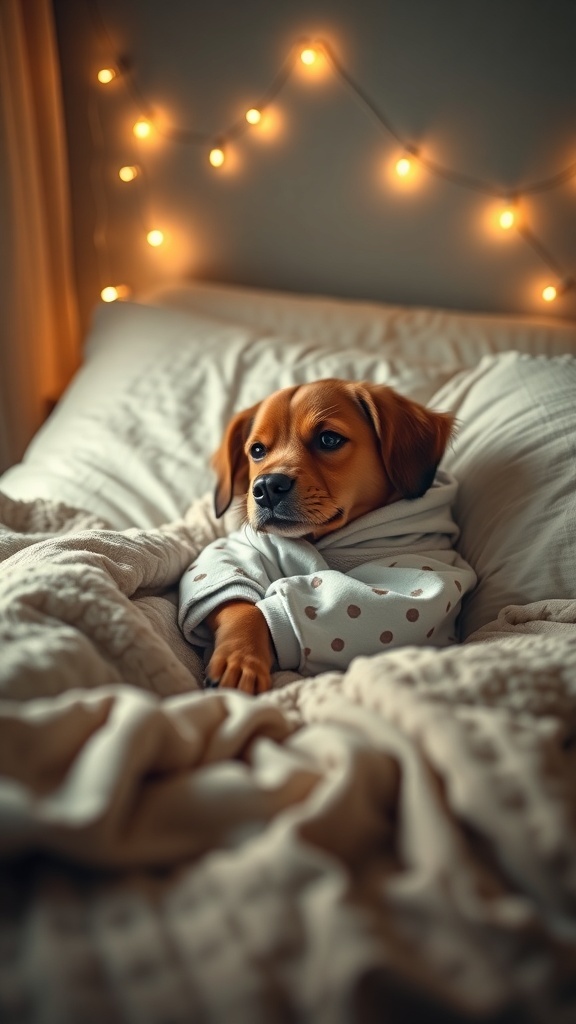 A dog wearing polka-dotted pajamas, snuggled in bed with soft blankets and fairy lights in the background.
