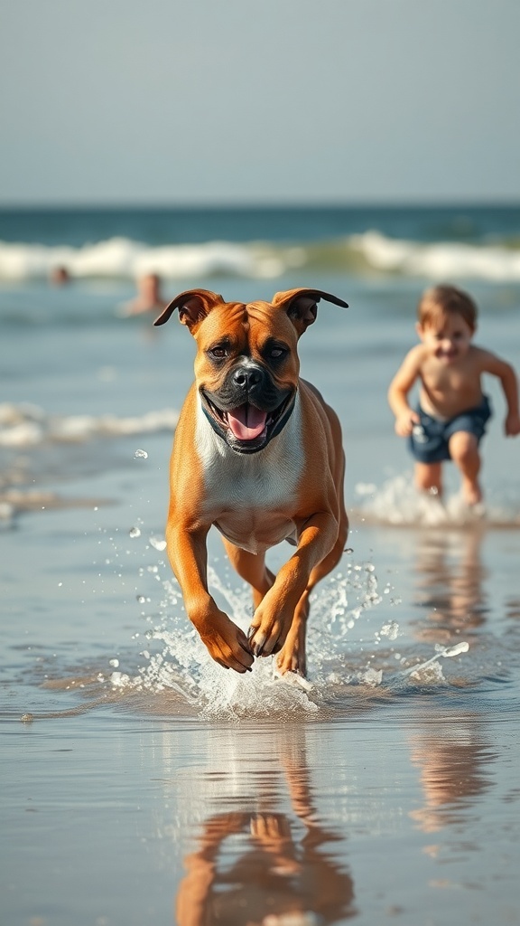 A Boxer dog running joyfully on the beach with a child playing in the background.