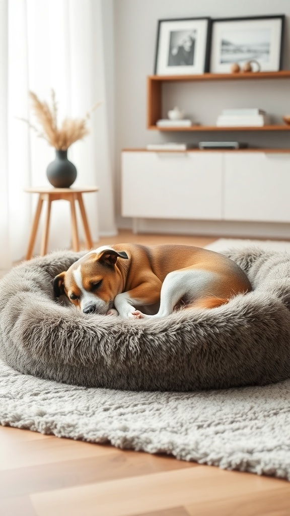 A dog sleeping comfortably in a faux fur luxury dog bed in a modern living room