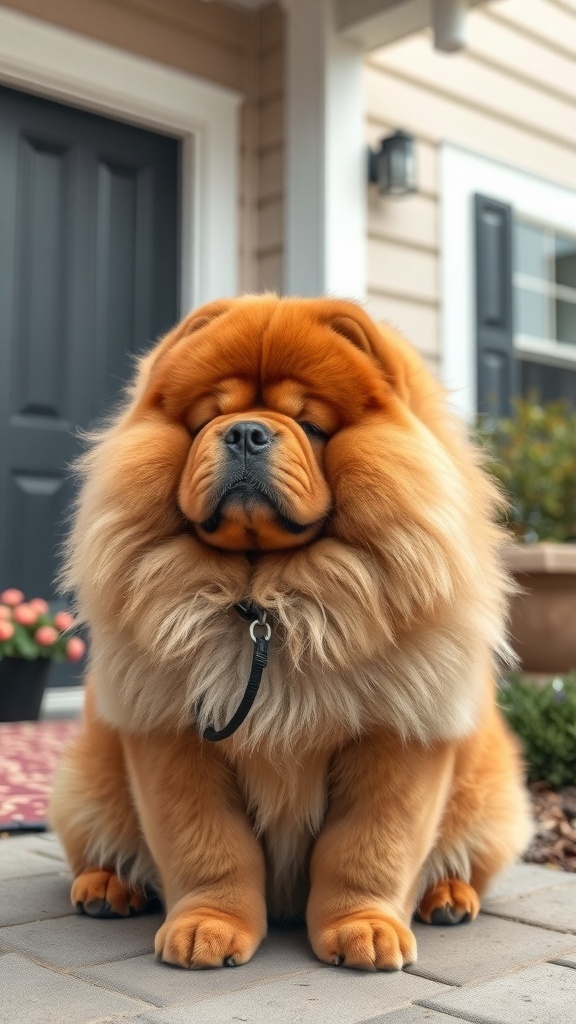 A fluffy Chow Chow dog sitting in front of a house, showcasing its unique appearance.
