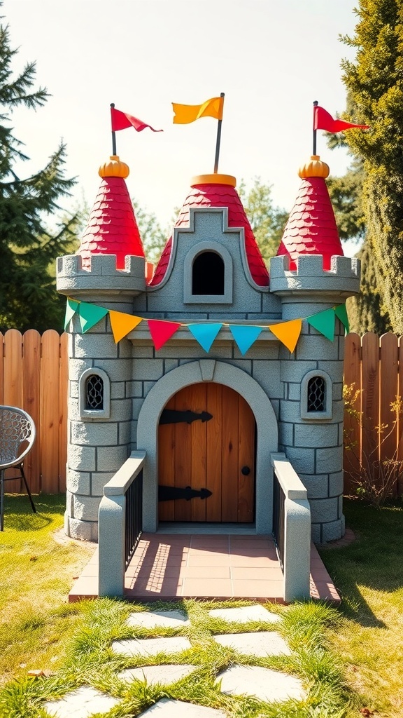 A colorful castle-shaped dog house with flags and bunting in a backyard setting.