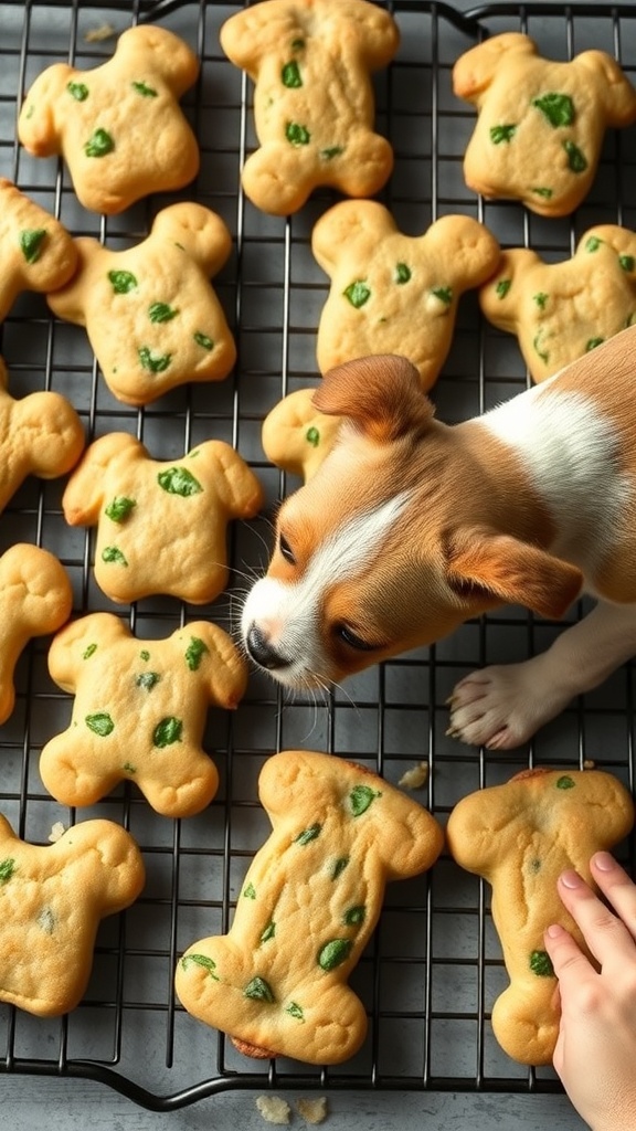 A batch of cheesy spinach dog cookies shaped like bones, with a small dog sniffing around them.
