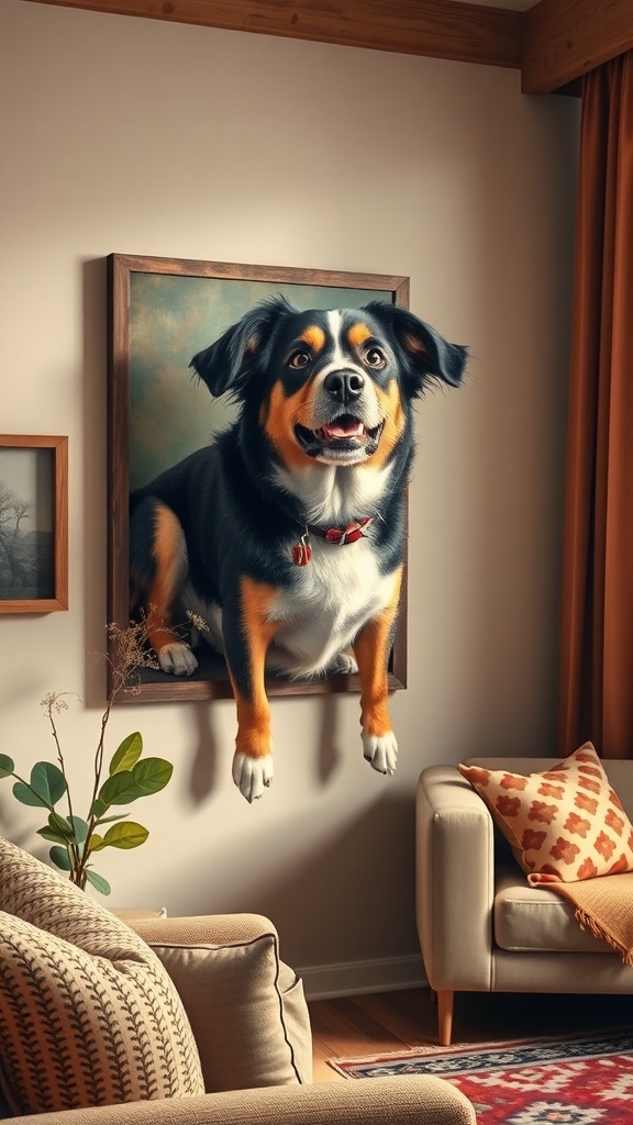 A custom portrait of a happy dog framed on a wall in a cozy living room.