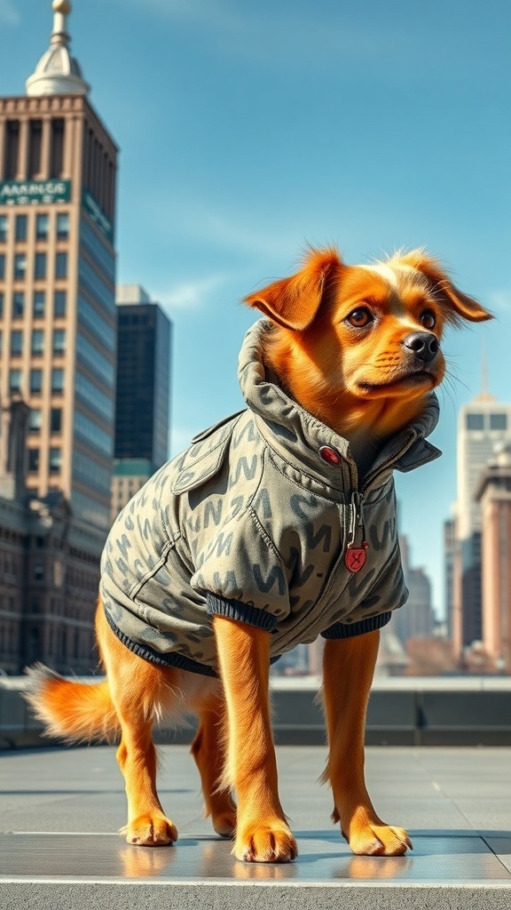A small dog wearing a trendy urban jacket in a city setting.