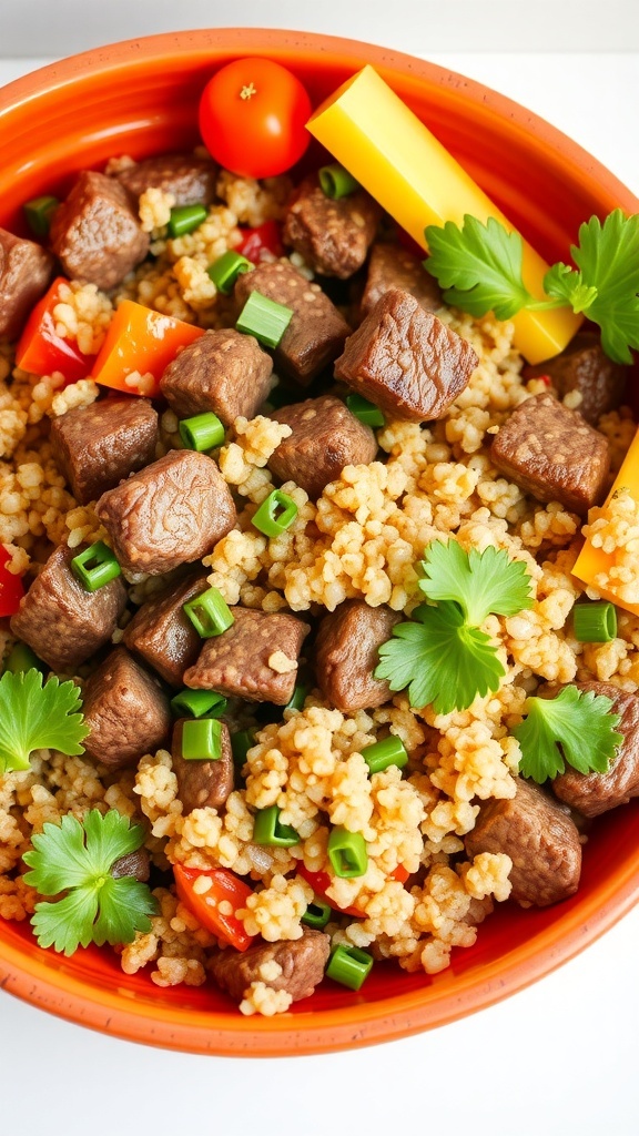A colorful bowl of beef and quinoa medley with vegetables, perfect for French Bulldogs.