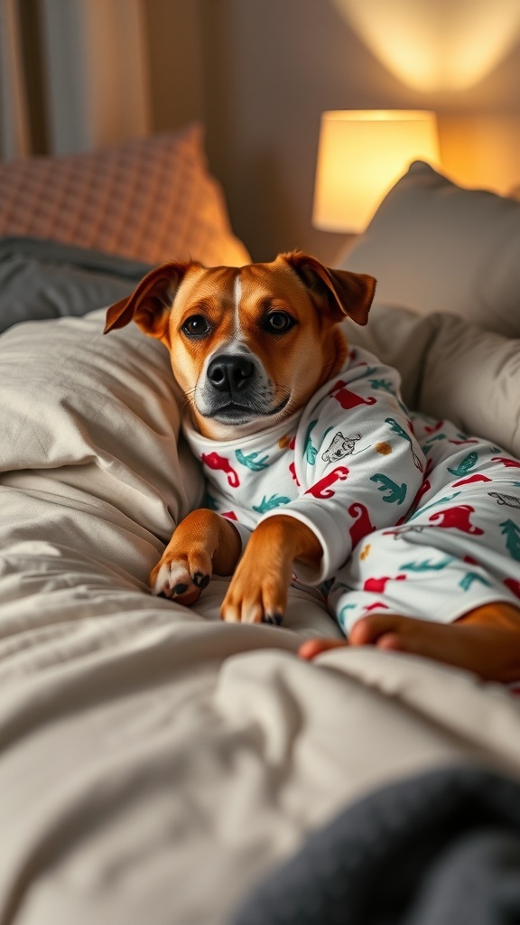A dog in cozy pajamas lying on a bed with soft bedding and a warm light.