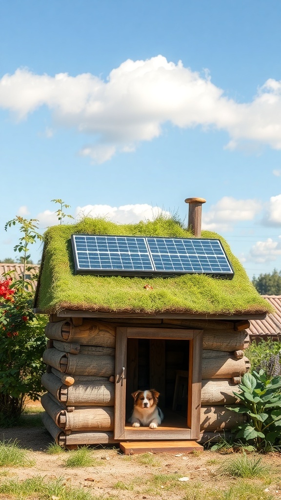 Eco-friendly dog house with solar panels and a grass roof