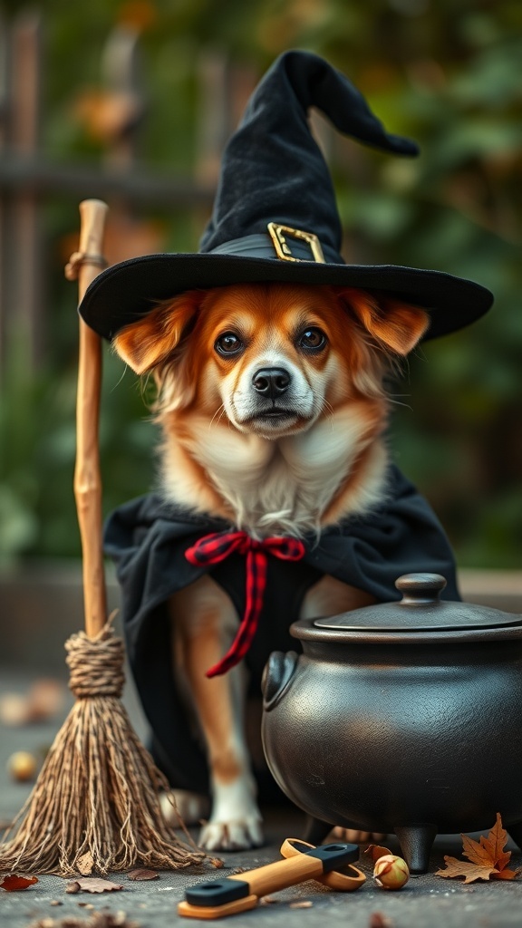 A dog dressed as a witch with a black hat and cape, sitting next to a broomstick and a cauldron.