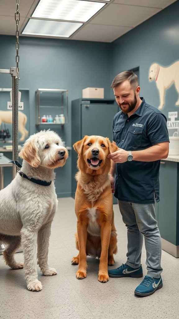 Two groomers interacting with a happy dog in a grooming salon.