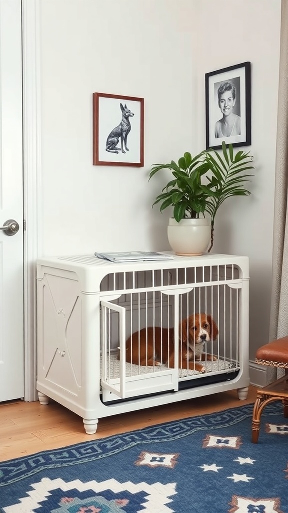 Stylish dog crate designed to blend with home decor, featuring a dog inside, artwork on the walls, and a plant on top.