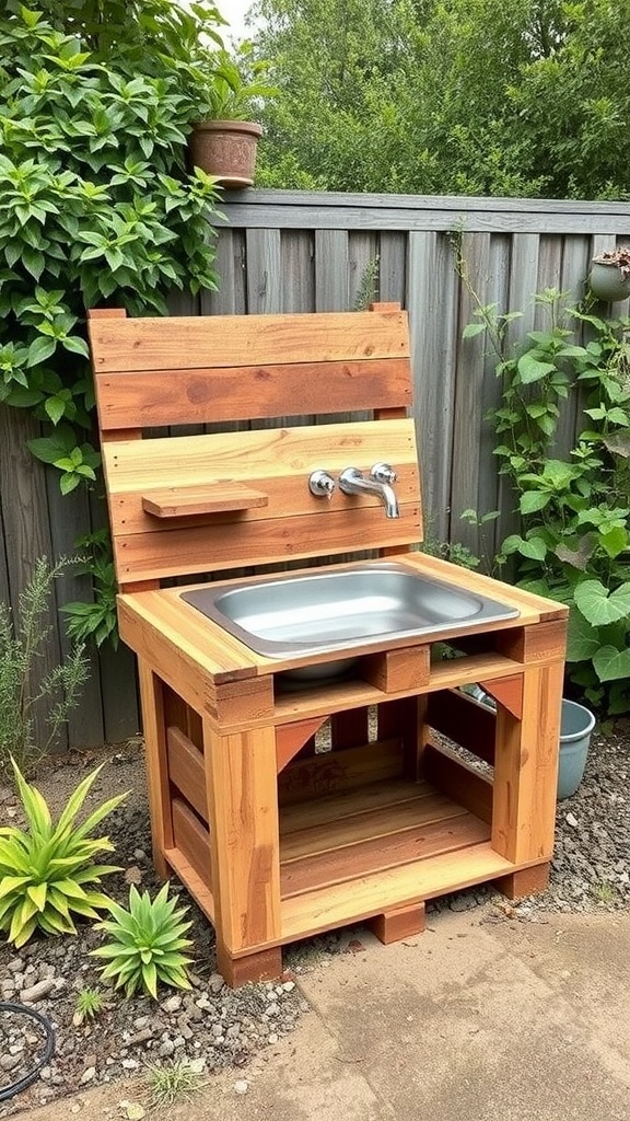 A DIY pallet dog wash station with a wooden frame and stainless steel sink, surrounded by greenery.