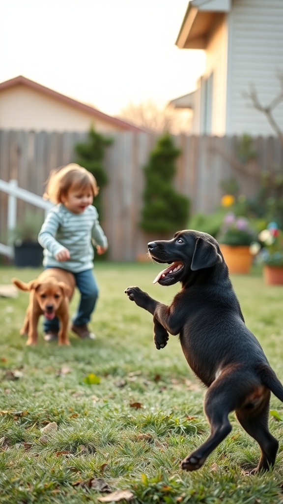 A playful black Labrador Retriever running in a yard with a child, showcasing the breed's friendly nature.