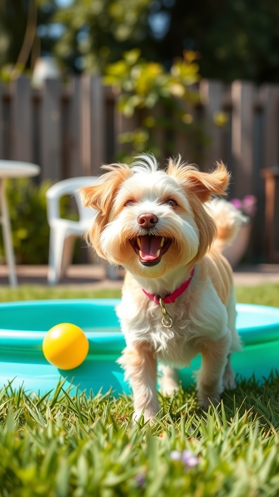 A happy dog playing in the grass near a kiddie pool with a yellow ball.