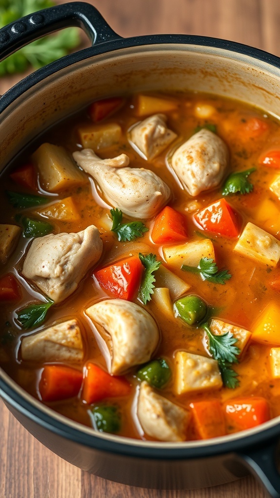 A pot of vegetable and chicken stew with colorful veggies and steam rising.