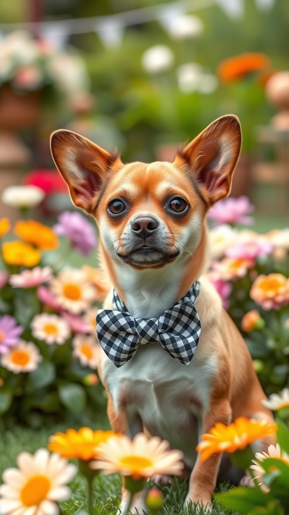 A dog wearing a checkered bowtie surrounded by colorful flowers.