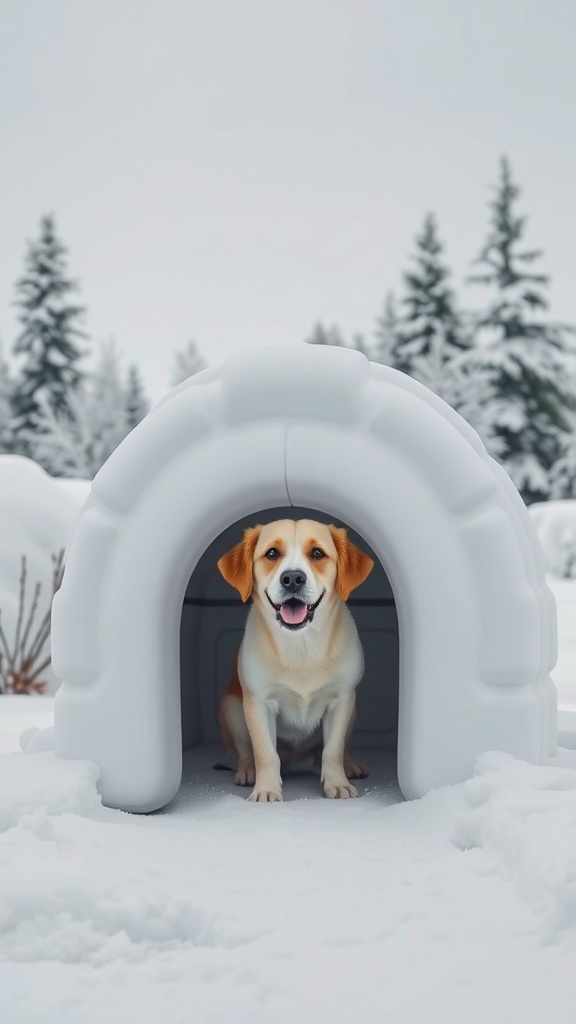 A happy dog sitting in an igloo-style dog house in a snowy landscape.
