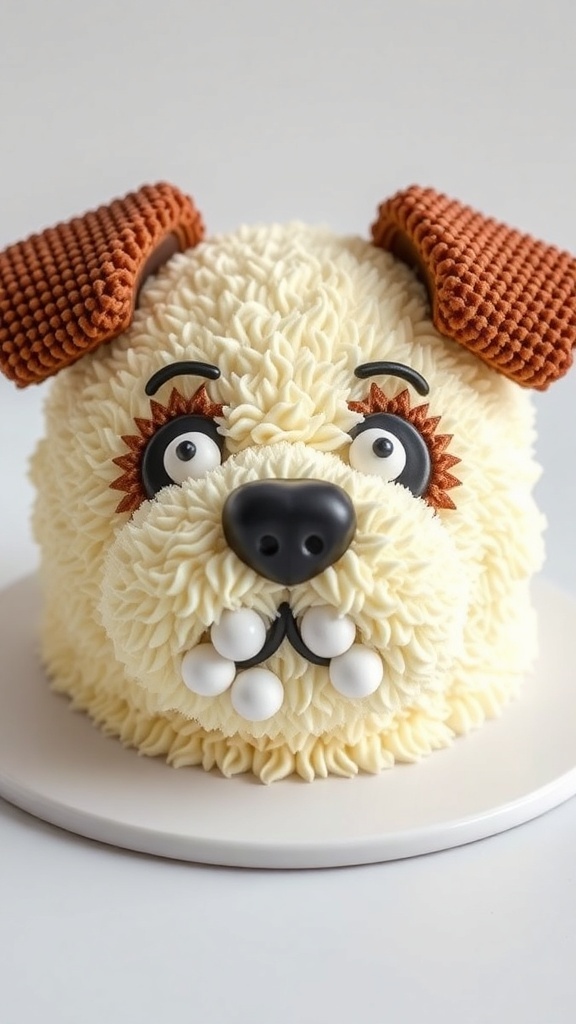 A fluffy puppy face cake with textured icing, chocolate features, and brown ears.