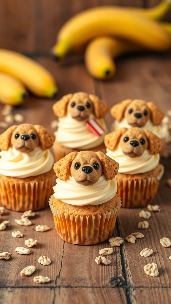 Delicious banana and oatmeal cupcakes with dog-shaped decorations on top, surrounded by bananas and oats.