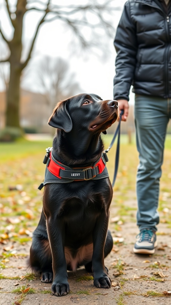 A Labrador Retriever wearing a harness, sitting beside its handler in a park.