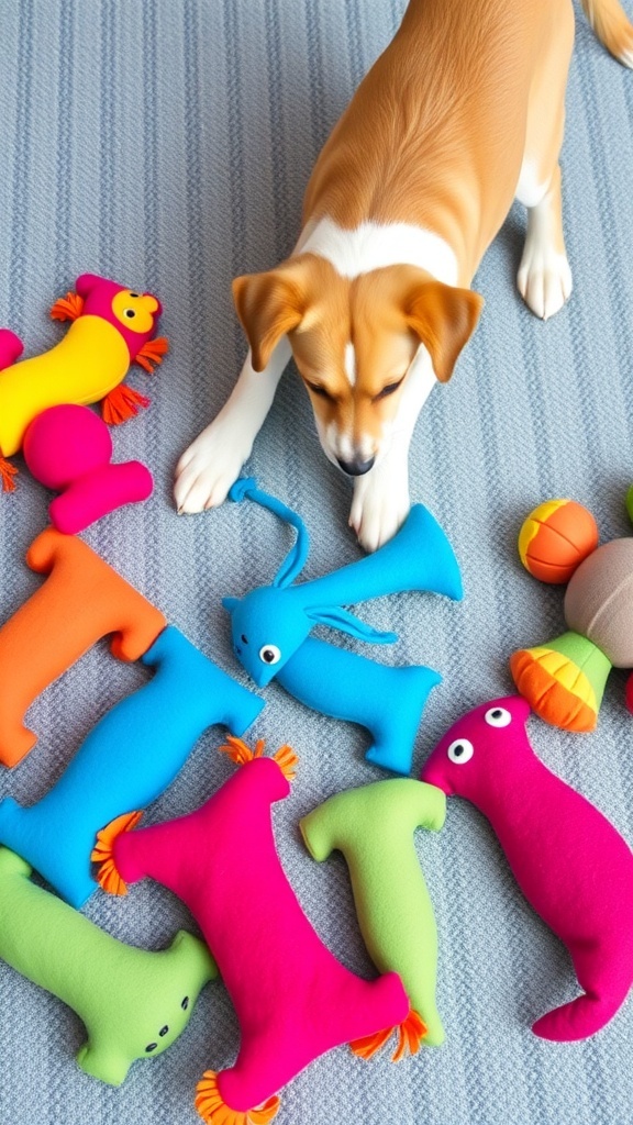 A playful dog surrounded by colorful homemade fleece toys.
