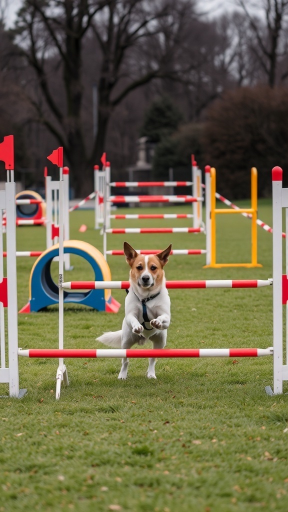A DIY dog agility course featuring colorful jumps and a tunnel in a grassy backyard.