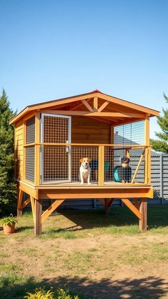 Spacious raised dog kennel with a wooden structure and a dog inside