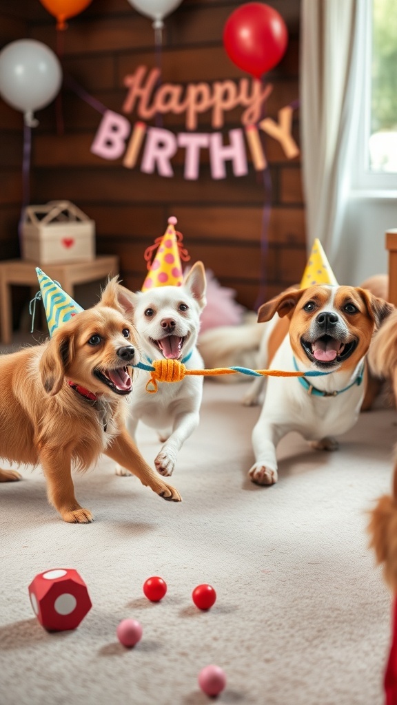 Three dogs playing at a birthday party with colorful decorations and toys.
