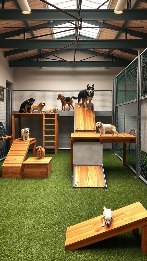 A multi-level dog run with wooden platforms and ramps, featuring several dogs playing and exploring.